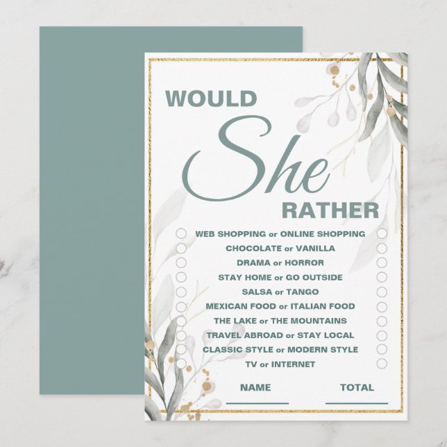 Would She Rather Bridal Shower Game Invitation (Front/Back)