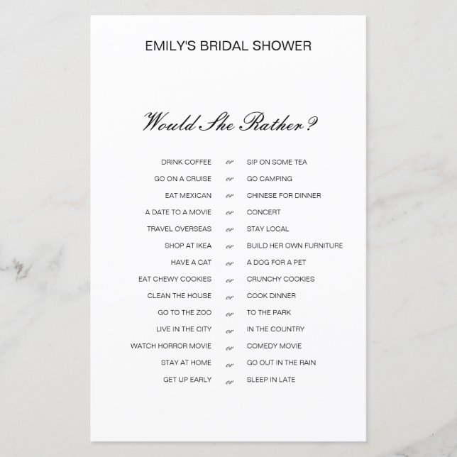 Would She Rather Bridal Shower Game PRINTED (Front)