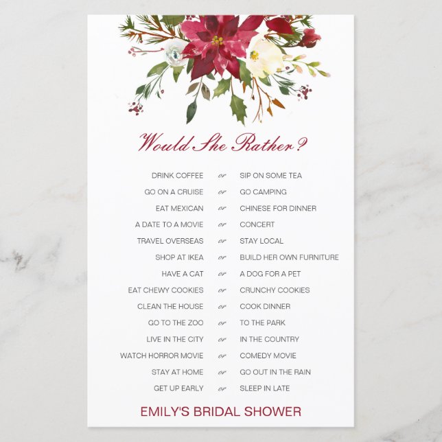 Would She Rather Bridal Shower Game PRINTED (Front)
