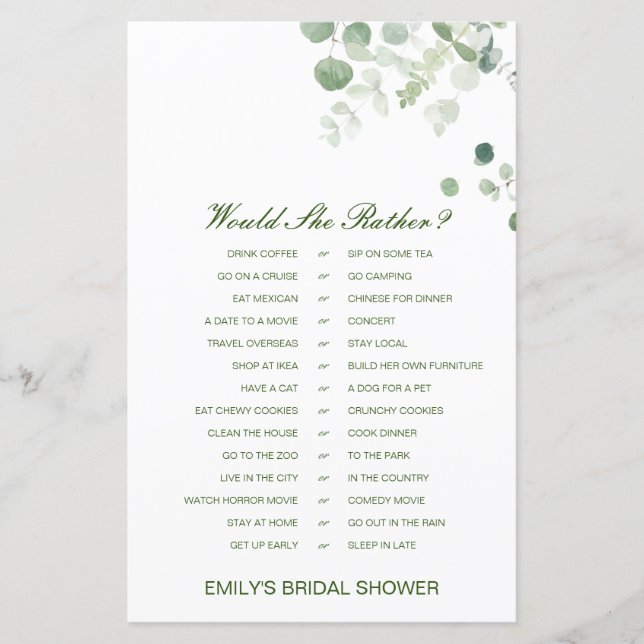 Would She Rather Bridal Shower Game PRINTED (Front)