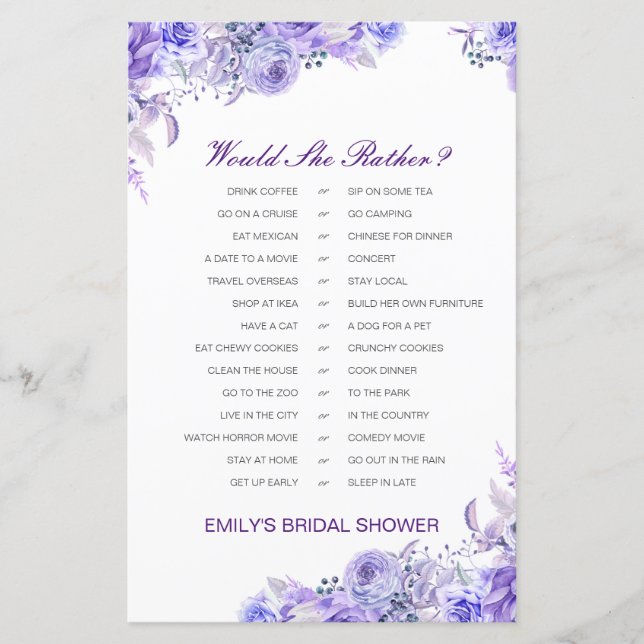Would She Rather Bridal Shower Game PRINTED (Front)