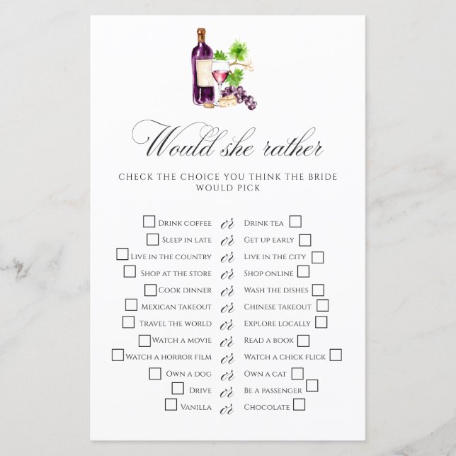Would She Rather Bridal Shower Game Vineyard (Front)