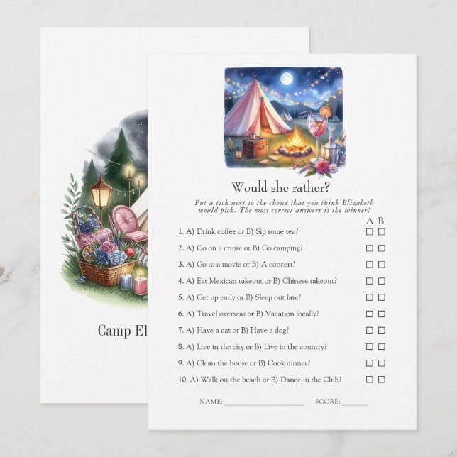Would She Rather Camp Bachelorette Weekend Game Invitation (Front/Back)