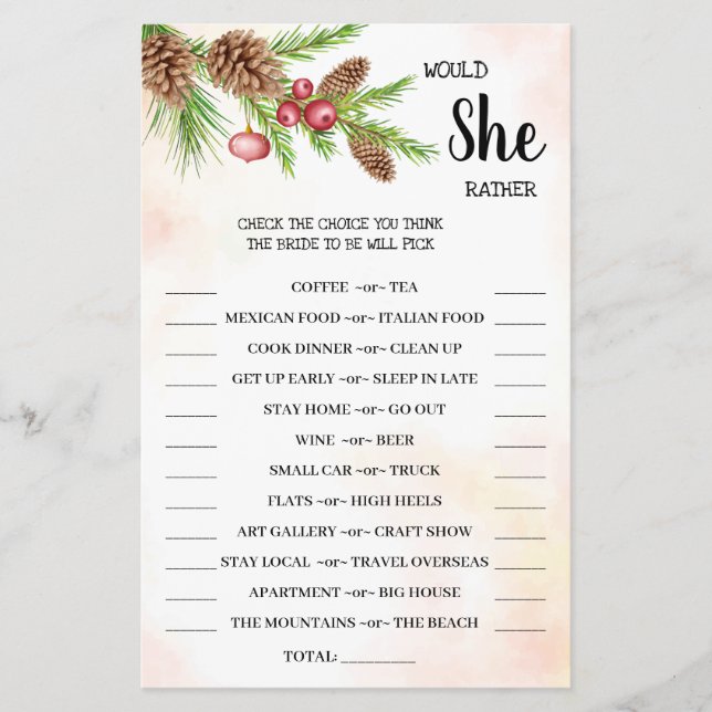 Would She Rather Christmas Bridal Shower Game Card (Front)