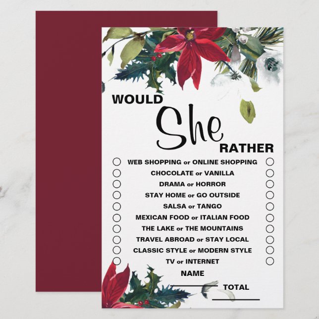 Would She Rather Christmas Floral Bridal Game (Front/Back)