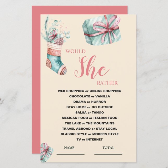 Would She Rather Christmas Stocking Bridal Game (Front/Back)