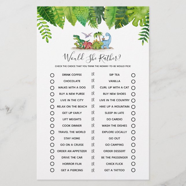Would She Rather Dinosaur Baby Shower Game (Front)
