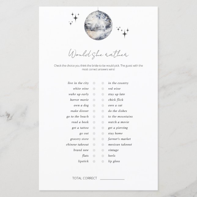 Would She Rather Disco Ball Bridal Shower Game (Front)