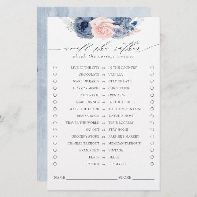 Would She Rather Dusty Blue Bridal Shower Game (Front/Back)