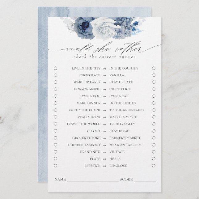 Would She Rather Dusty Blue Bridal Shower Game (Front/Back)