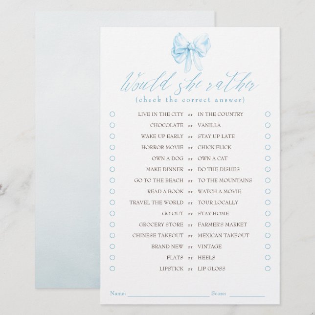 Would She Rather Elegant Blue Bow Bridal Game (Front/Back)