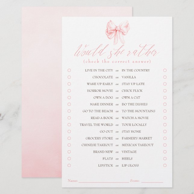 Would She Rather Elegant Pink Bow Bridal Game (Front/Back)