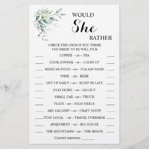 Would She Rather Eucaliptus BridalShower Game Card