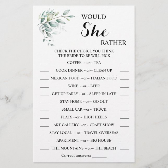 Would She Rather Eucaliptus BridalShower Game Card (Front)