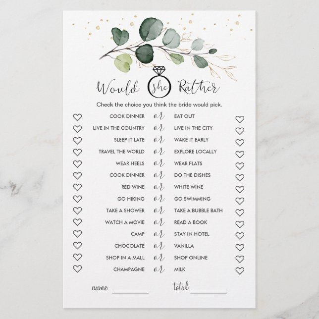 Would She Rather Eucalyptus Bridal Shower Game (Front)