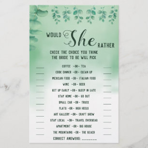 Would She Rather Eucalyptus BridalShower Game Card