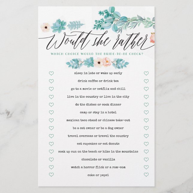 Would She Rather Floral Boho Bridal Shower Game (Front)