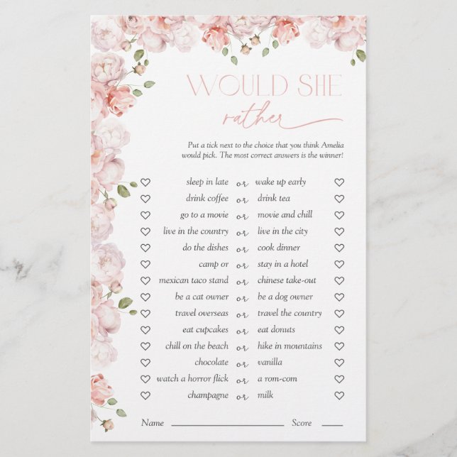 Would She Rather Floral Pink Bridal Shower Game (Front)