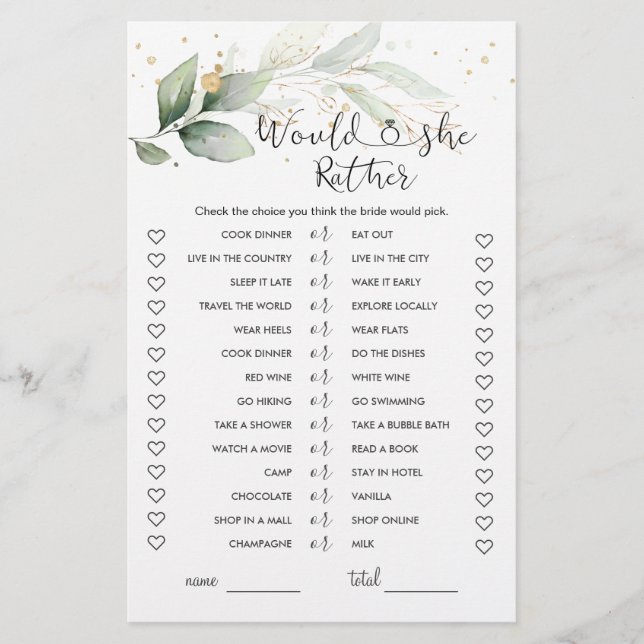 Would She Rather Greenery Bridal Shower Game (Front)