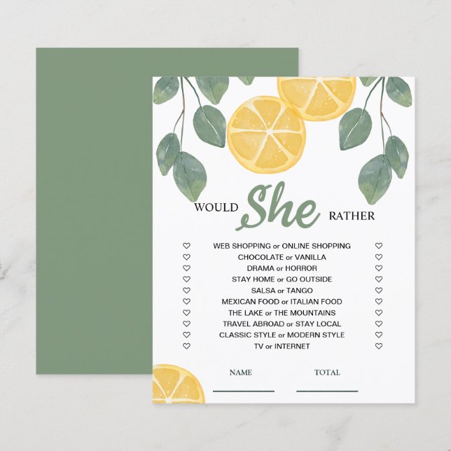 Would She Rather Lemon Bridal Shower Game (Front/Back)
