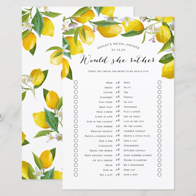 Would she rather, Lemon Bridal shower Games (Front/Back)
