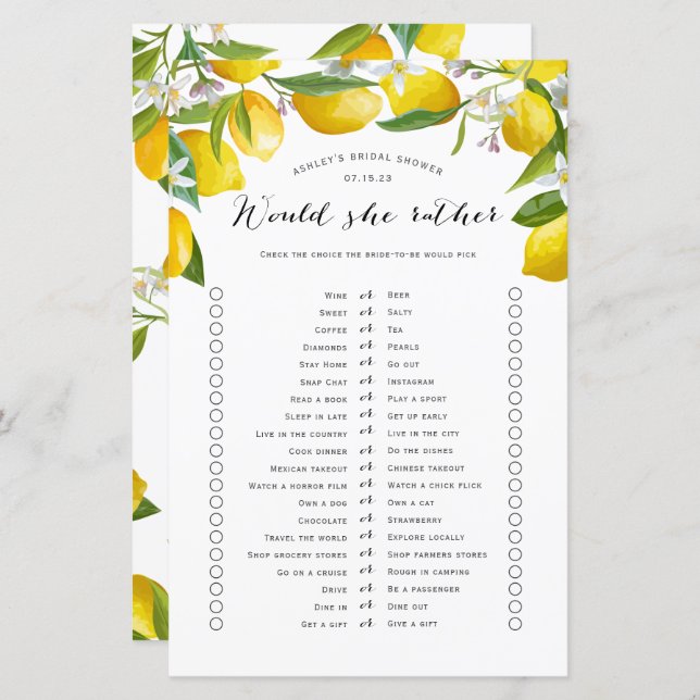 Would she rather, Lemon Bridal shower Games (Front/Back)