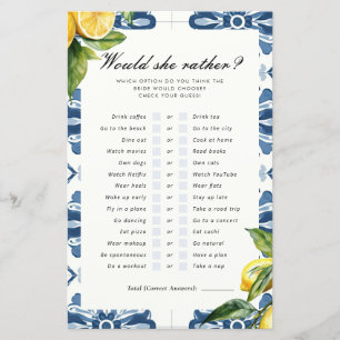 Would She Rather Lemon Positano Bridal Shower Game