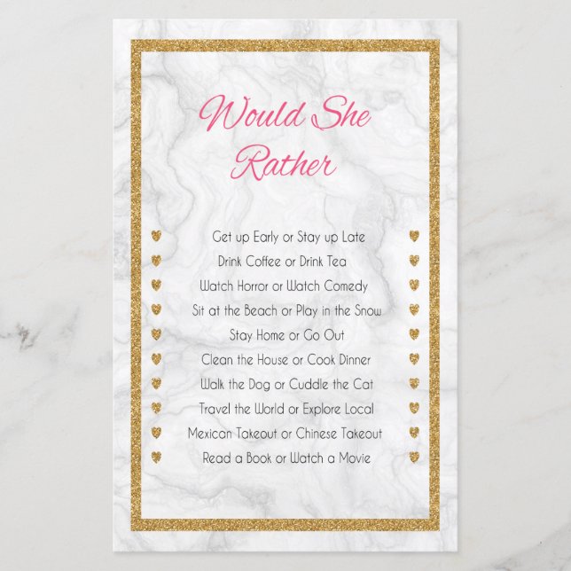 Would She Rather Marble Gold Bridal Shower Game (Front)
