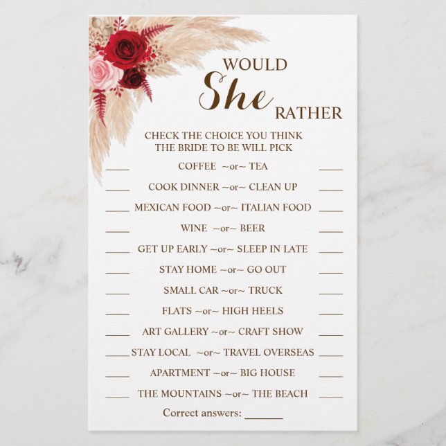 Would She Rather Pampas Bridal Shower Game Card (Front)