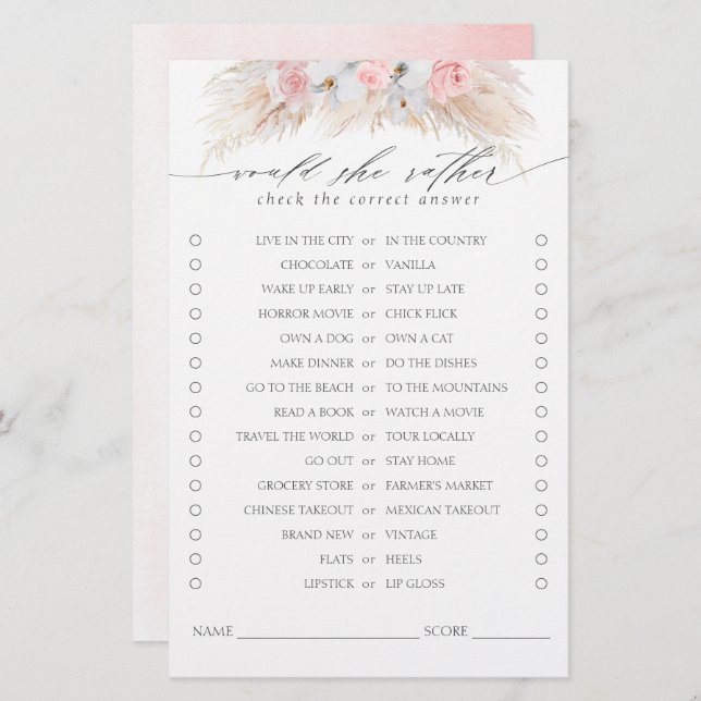 Would She Rather Pampas Grass Bridal Shower Game (Front/Back)