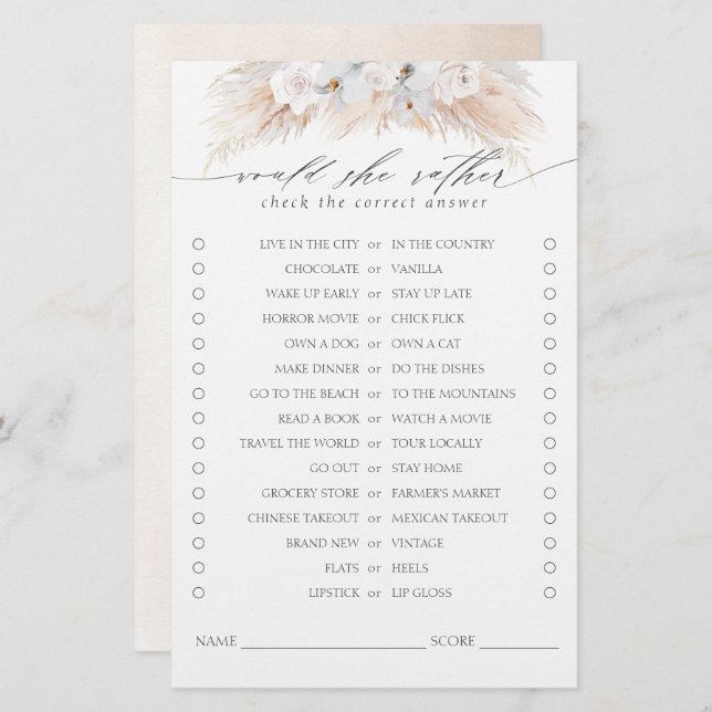 Would She Rather Pampas Grass Bridal Shower Game (Front/Back)