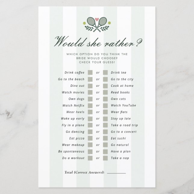 Would She Rather Perfect Match Bridal Shower Game (Front)