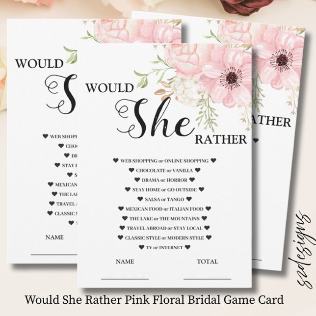 Would She Rather Pink Floral Bridal Game  Card (Creator Uploaded)