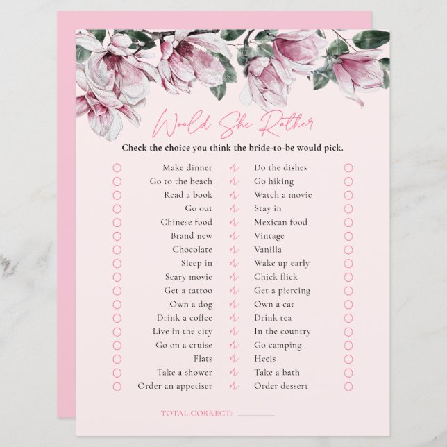 Would She Rather | Pink Floral Bridal Shower Game (Front/Back)