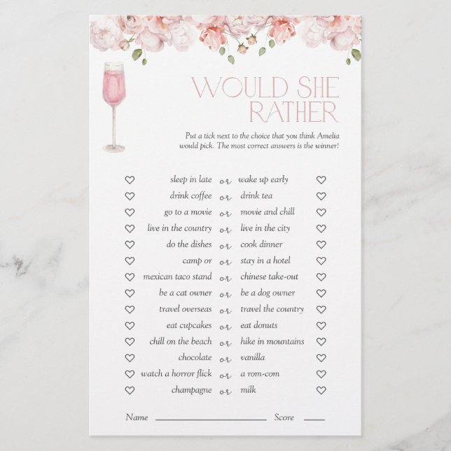 Would She Rather Pink Floral Bridal Shower Game (Front)