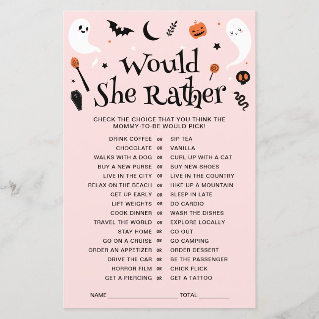 Would She Rather Pink Halloween Baby Shower Game (Front)
