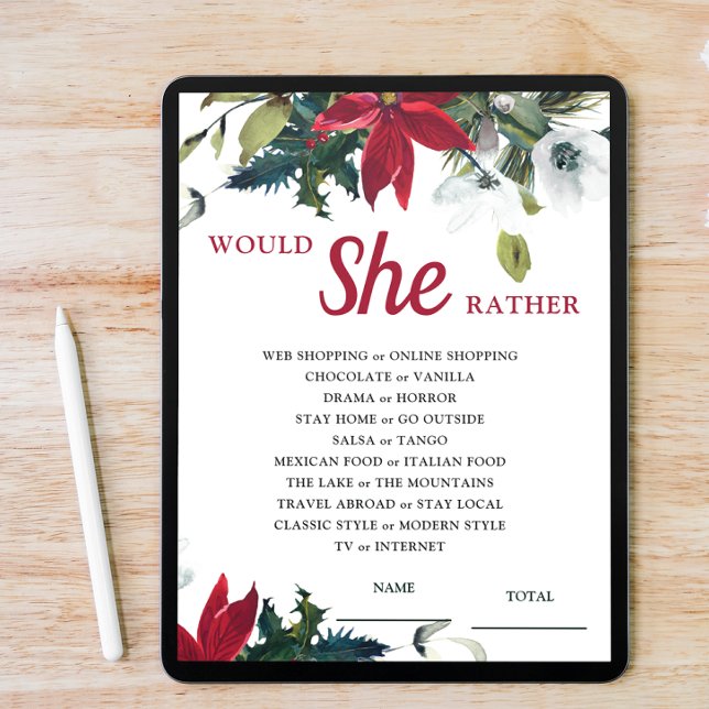 Would She Rather Poinsettia Bridal Shower Game Invitation (Creator Uploaded)