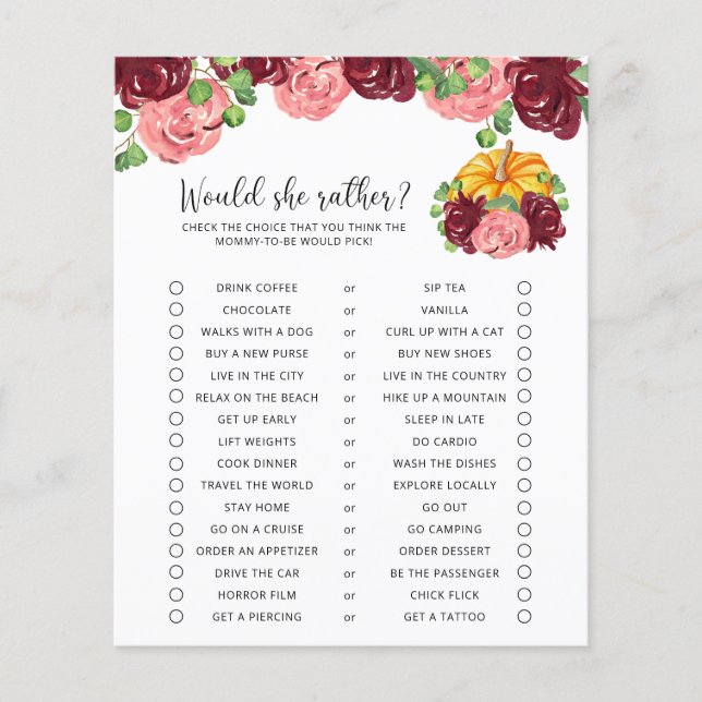 Would She Rather - Pumpkin Baby Shower Game (Front)