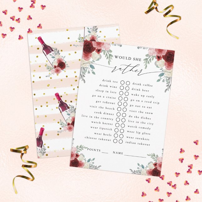 Would She Rather Red Wine Floral Party Game Enclosure Card (Creator Uploaded)