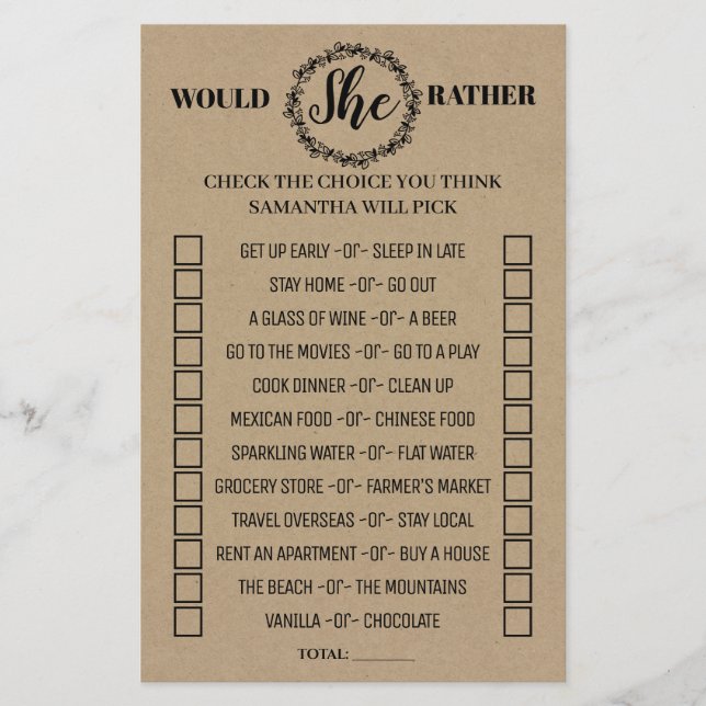 Would She Rather rustic shower bilingual game Flyer (Front)