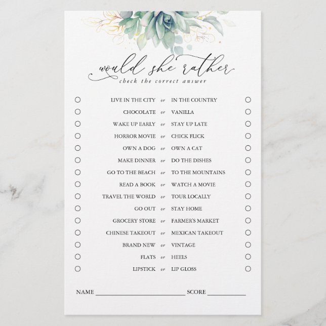 Would She Rather Succulents Greenery Bridal Game (Front)
