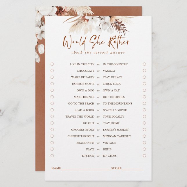 Would She Rather Terracotta Floral Bridal Game (Front/Back)