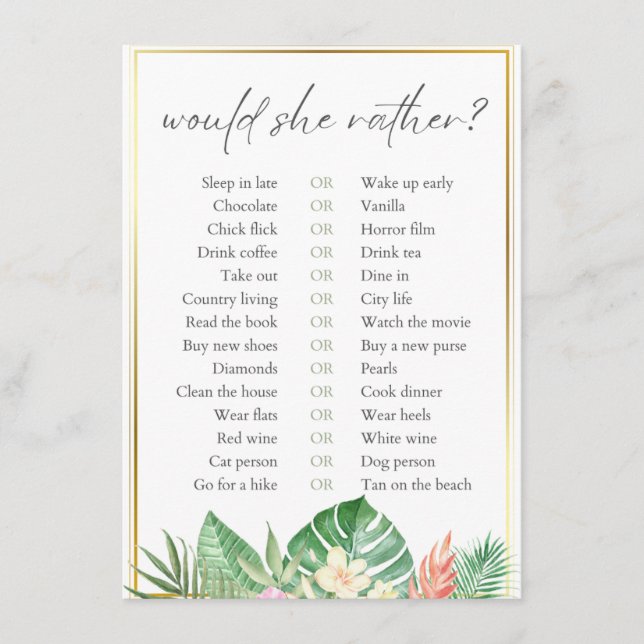 Would She Rather Tropical Bridal Shower Game Enclosure Card (Front)