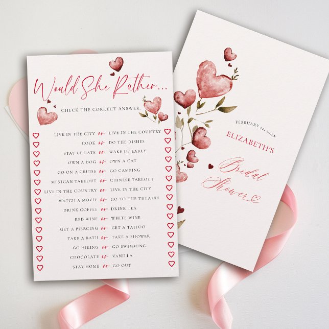 Would She Rather Valentine Vine Bridal Shower Game Flyer (would she rather valentine bridal shower game watercolor hearts vine romantic lovebirds love)