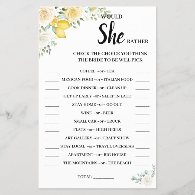 Would She Rather WhiteRoses Bridal Shower GameCard Flyer (Front)