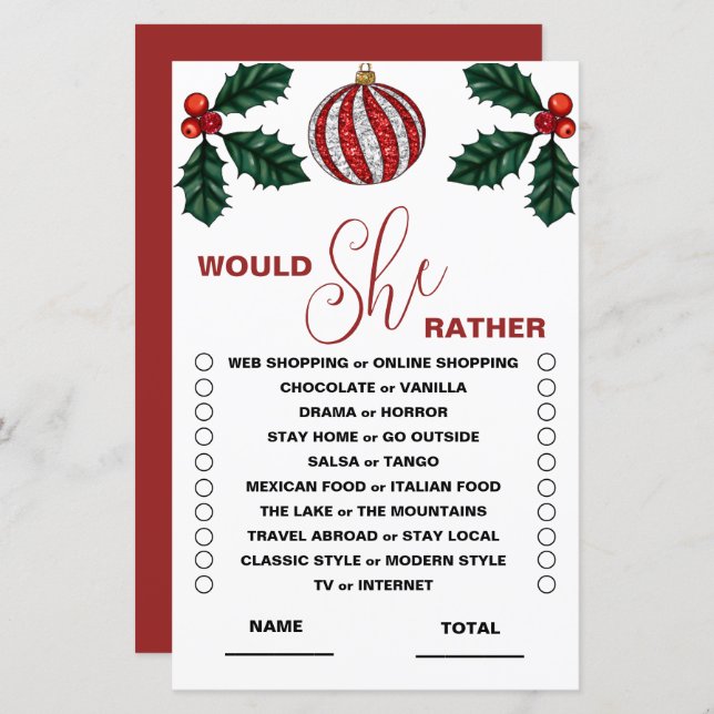Would She Rather Winter Bridal Game (Front/Back)