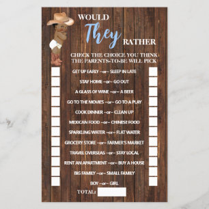 Would They Rather AA Cowboy Baby Shower Game Card