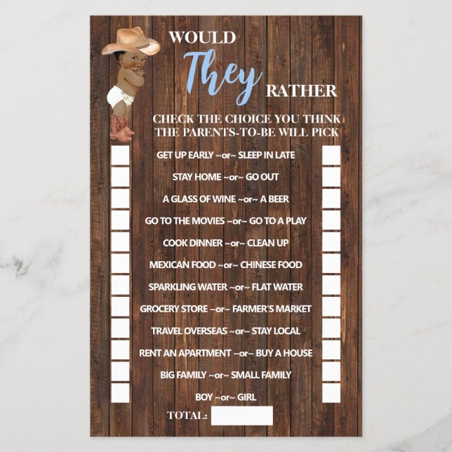 Would They Rather AA Cowboy Baby Shower Game Card (Front)