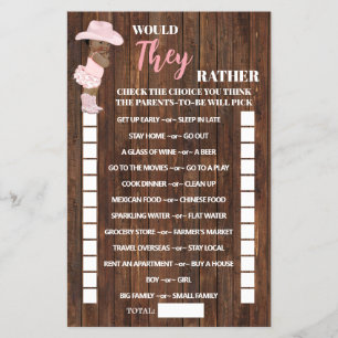 Would They Rather AA Cowgirl Baby Shower Game Card