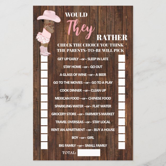 Would They Rather AA Cowgirl Baby Shower Game Card (Front)
